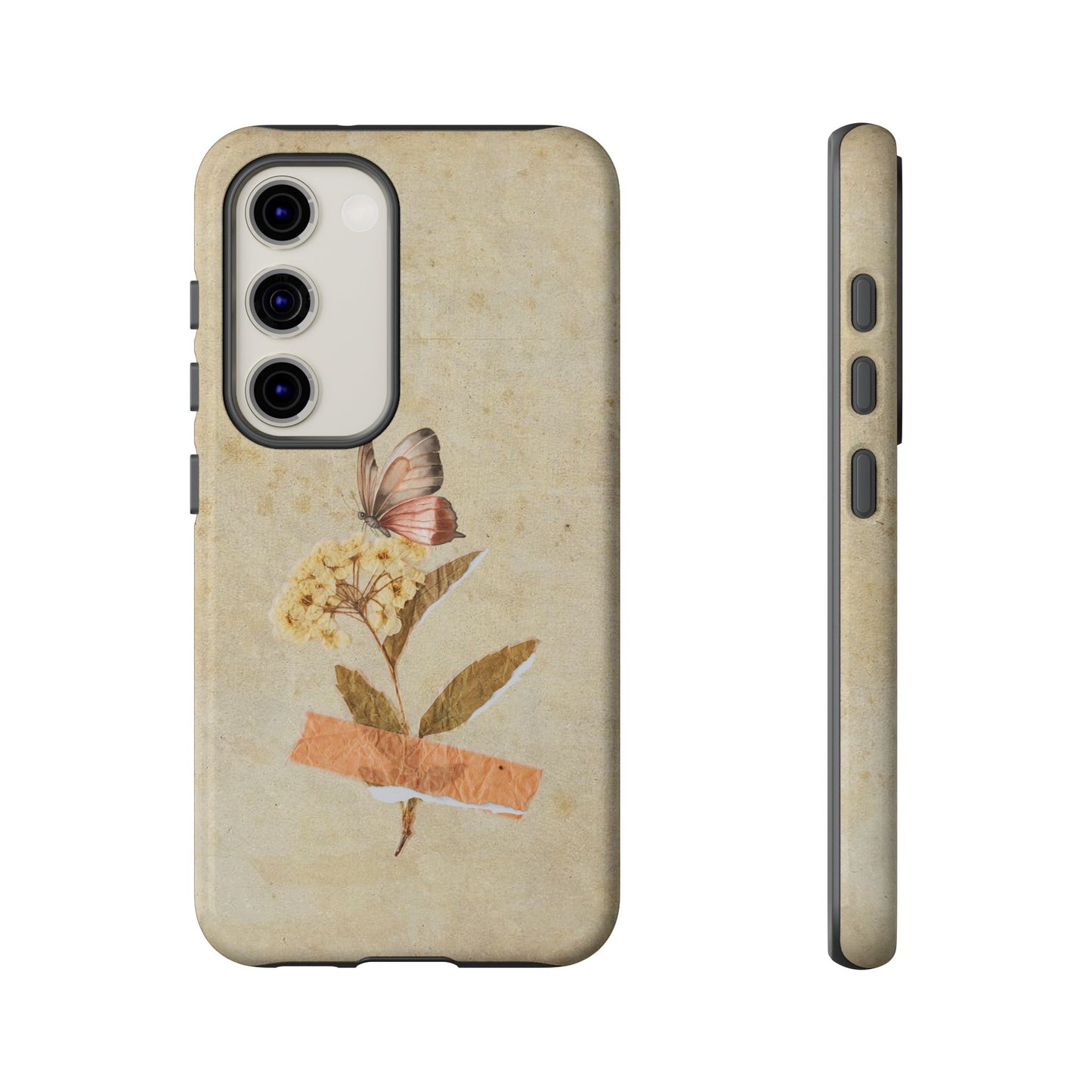 Minimal Vintage Floral Phone Case – Yellow Flower & Butterfly on Beige | For iPhone, Samsung & Google Pixel