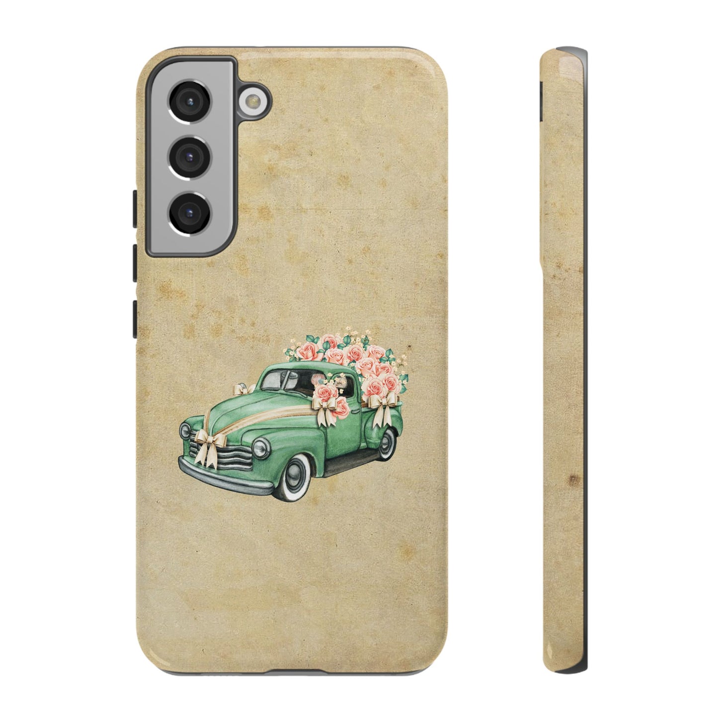 Minimal Vintage Floral Car Phone Case – Green Classic Car on Beige Background – for iPhone, Samsung & Google Pixel
