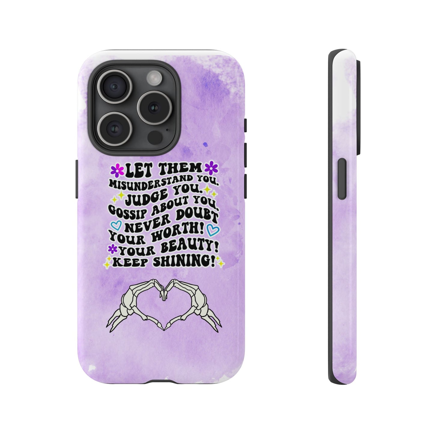 Skeleton Hand Heart Phone Case, Let Them Misunderstand You, Judge You, Gossip About You, Never Doubt Your Worth, Your Beauty Keep Shining Phone Case, Motivational Quote Cover for iPhone, Samsung & Google Pixel White Peach Checkered Pattern Phone Cover