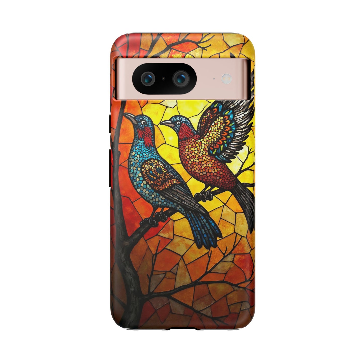 Vibrant Hummingbirds with Stained Glass Charm