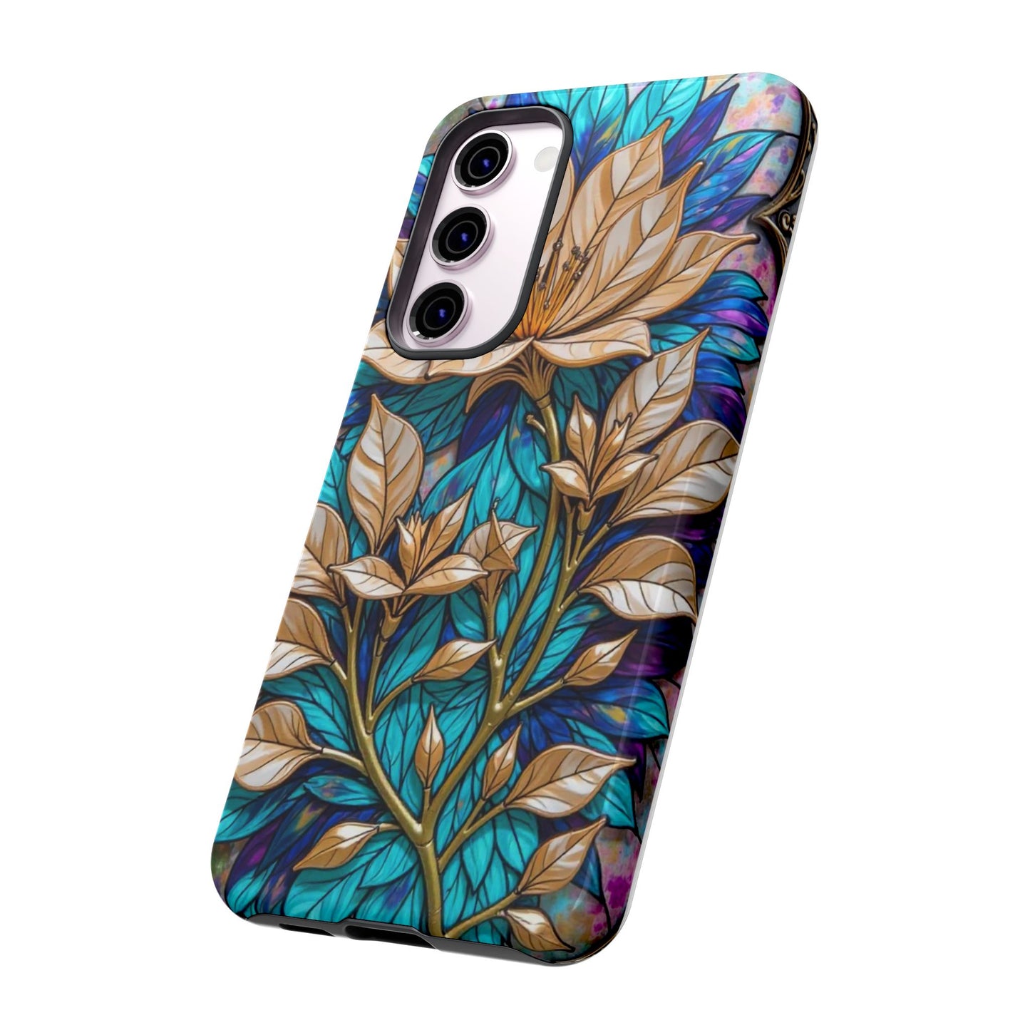 Majestic Golden Blossoms on Mosaic Blue Splendor