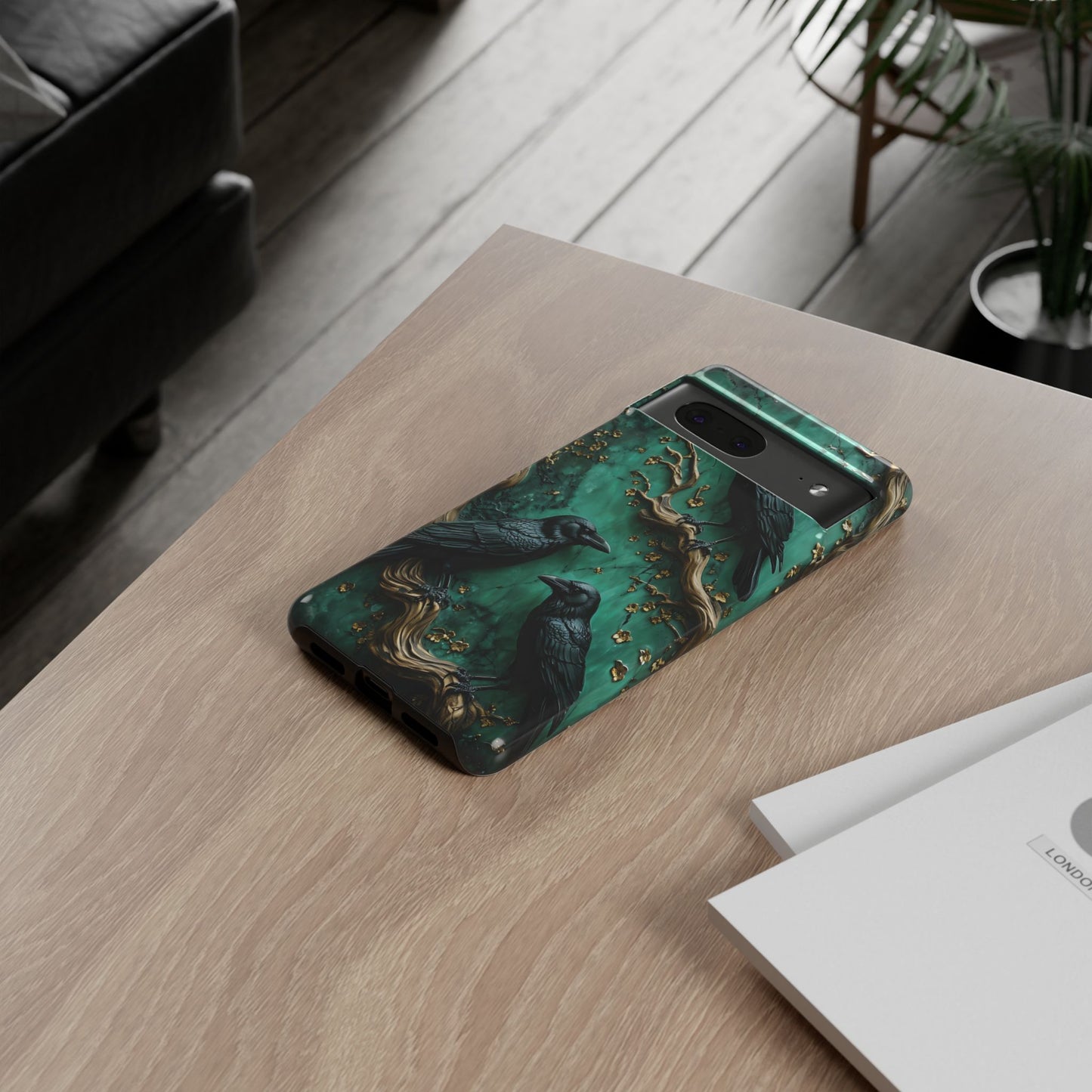 Three Black Ravens Perched On Gold-Accent Branches phone case design