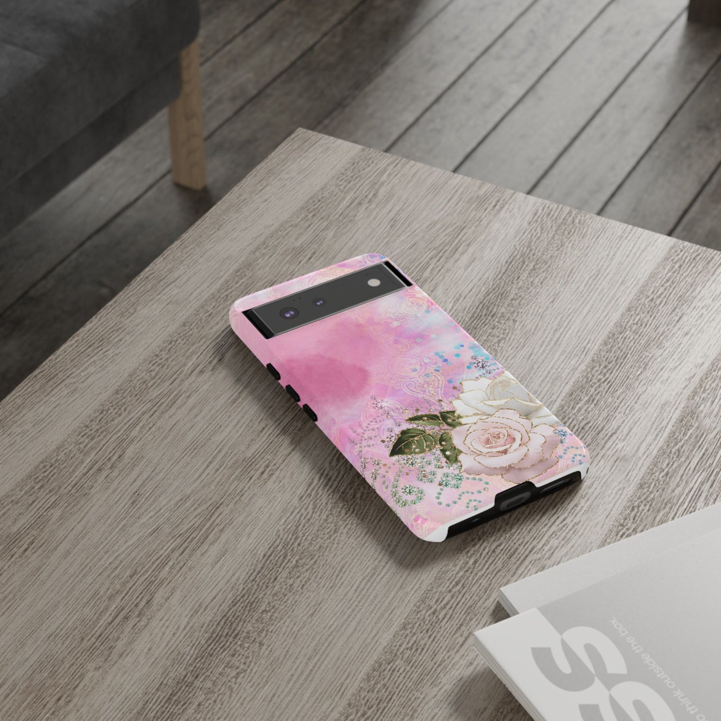 Luxury Pink & White Rose Glitter Mobile Case – Elegant & Shimmering Design