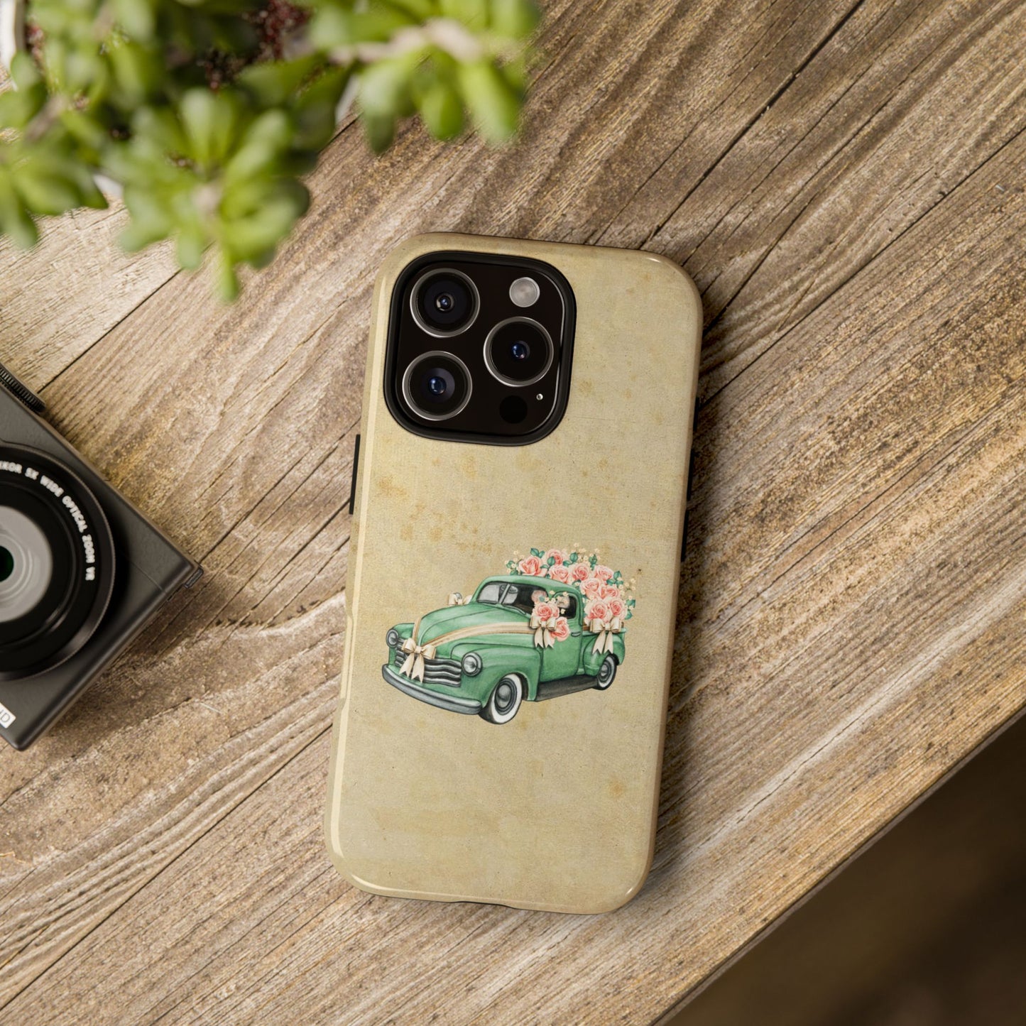 Minimal Vintage Floral Car Phone Case – Green Classic Car on Beige Background – for iPhone, Samsung & Google Pixel
