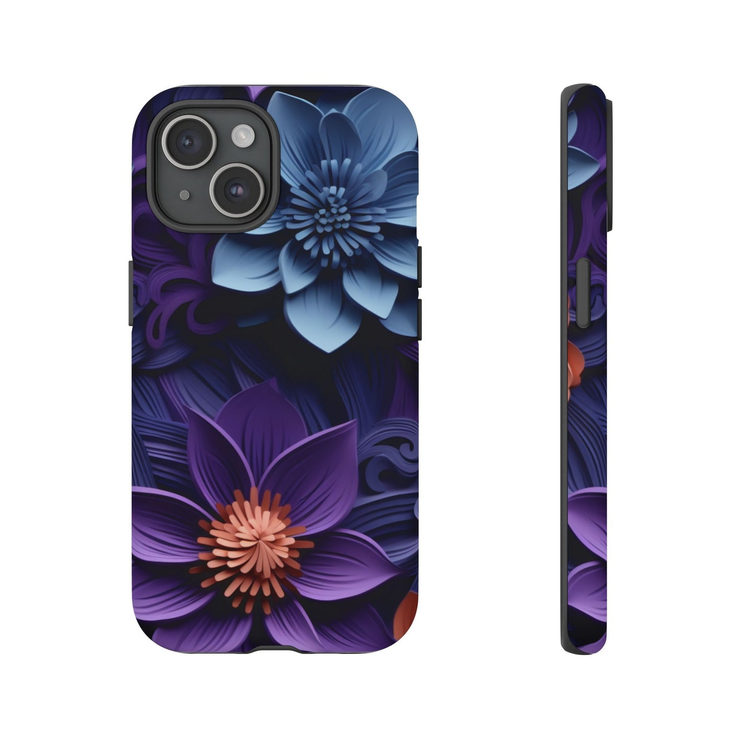 3D Floral Elegance Mobile Case – Midnight Blue & Purple Bloom