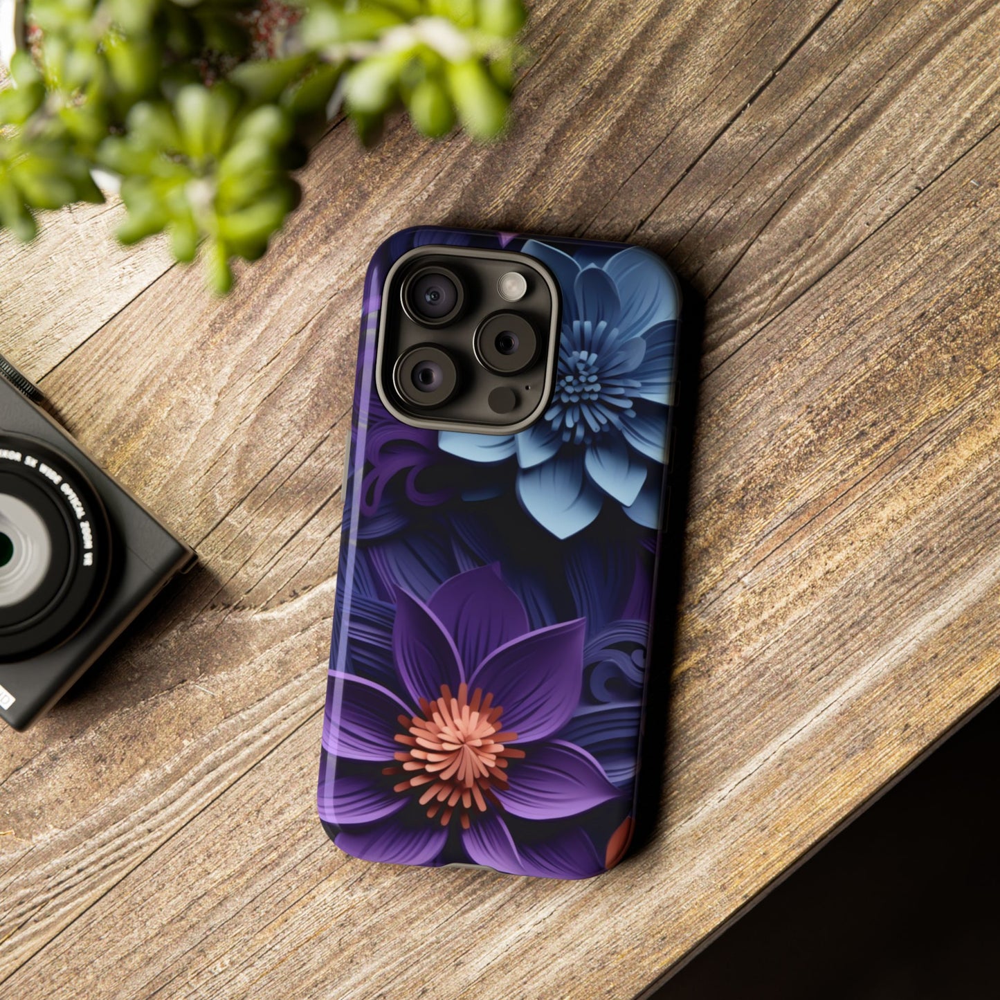 3D Floral Elegance Mobile Case – Midnight Blue & Purple Bloom