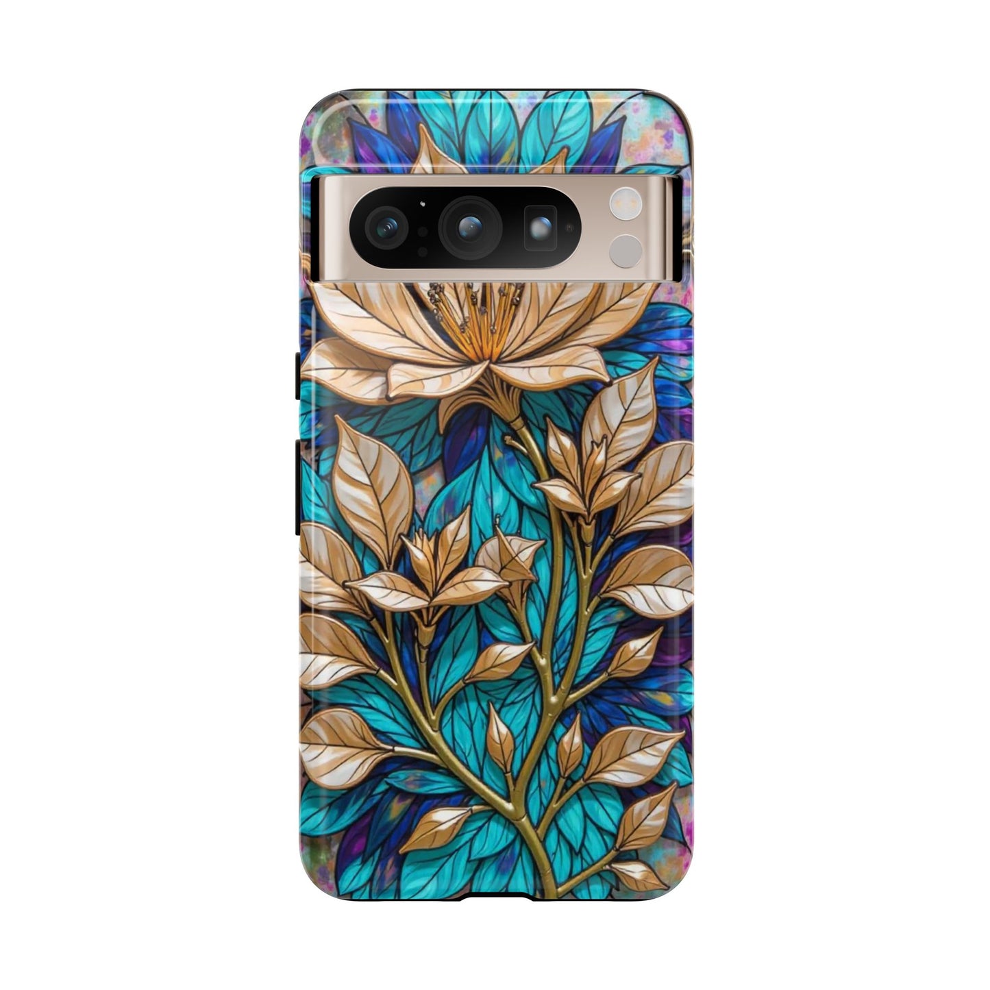 Majestic Golden Blossoms on Mosaic Blue Splendor