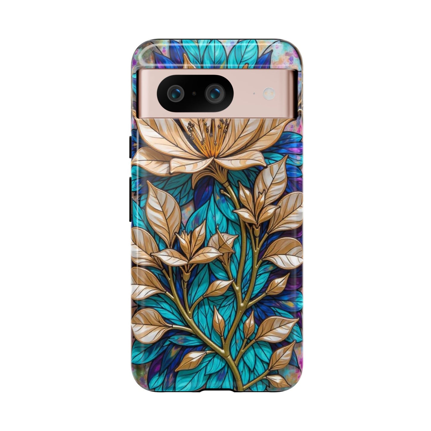 Majestic Golden Blossoms on Mosaic Blue Splendor