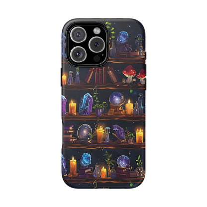 Fantasy Seamless Pattern Of Wooden Shelves Filled With Mystical Items phone case design.