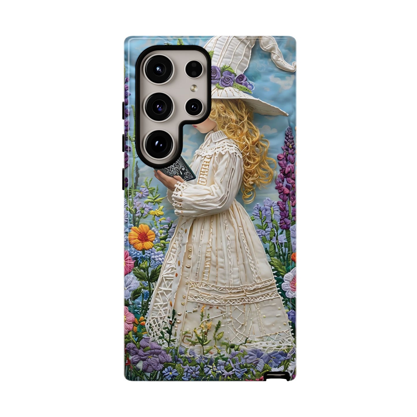Whimsical Embroidery Of A Girl Reading In A Garden phone case design.