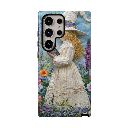 Whimsical Embroidery Of A Girl Reading In A Garden phone case design.