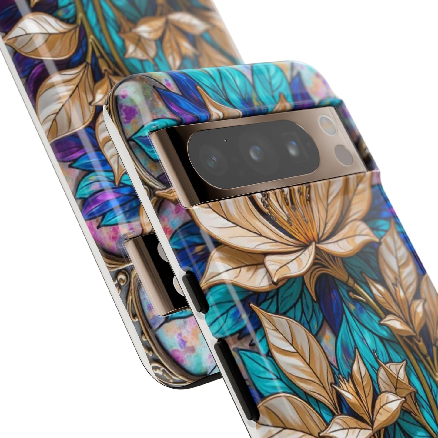 Majestic Golden Blossoms on Mosaic Blue Splendor