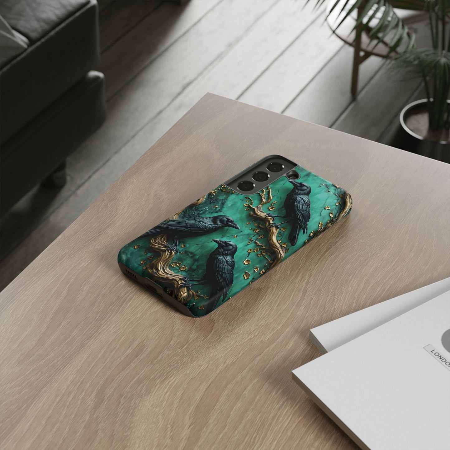 Three Black Ravens Perched On Gold-Accent Branches phone case design
