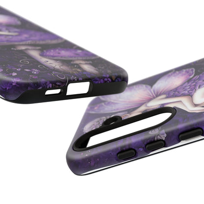 Whimsical Fairy Seated On Purple Mushroom In Enchanting Scene phone case design.