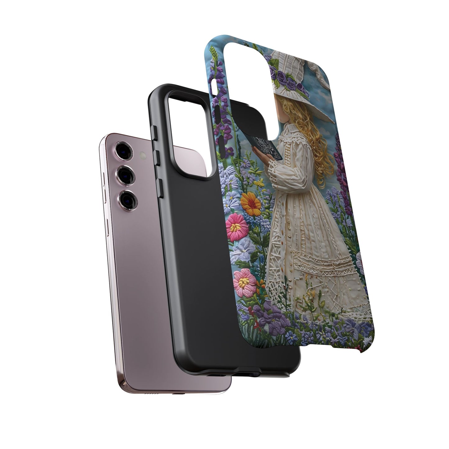 Whimsical Embroidery Of A Girl Reading In A Garden phone case design.
