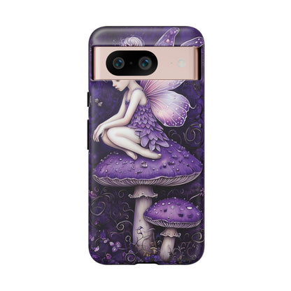 Whimsical Fairy Seated On Purple Mushroom In Enchanting Scene phone case design.