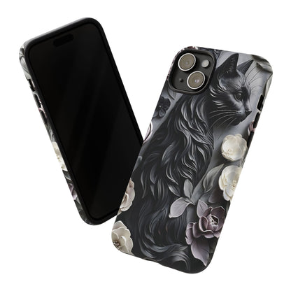 Intricate Bas-Relief Sculpture Of Black Cat Among Flowers phone case design