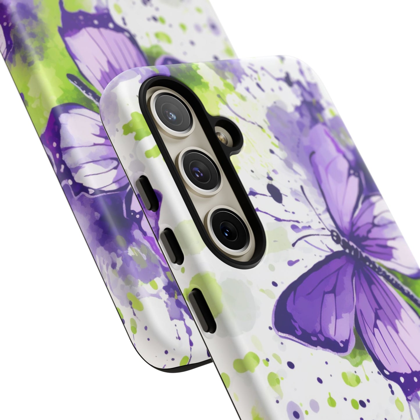 Vibrant Purple Butterfly Splash Mobile Cover – Artistic Green & Violet Aesthetic