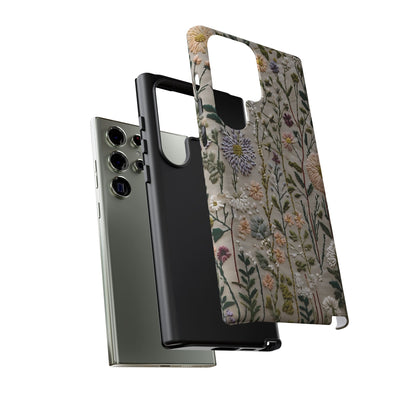 Intricate Embroidery Artwork Featuring Botanical Elements On Beige phone case design.