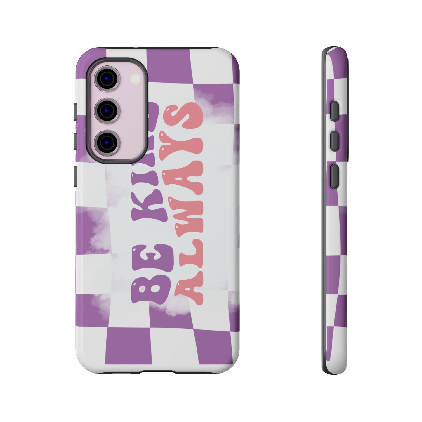 Be Kind Always Phone Case, Motivational Quote Cover for iPhone, Samsung & Google Pixel White Purple Checkered Pattern Phone Cover, Wavy Text Case, Kindness Phone Case, Inspirational Gift