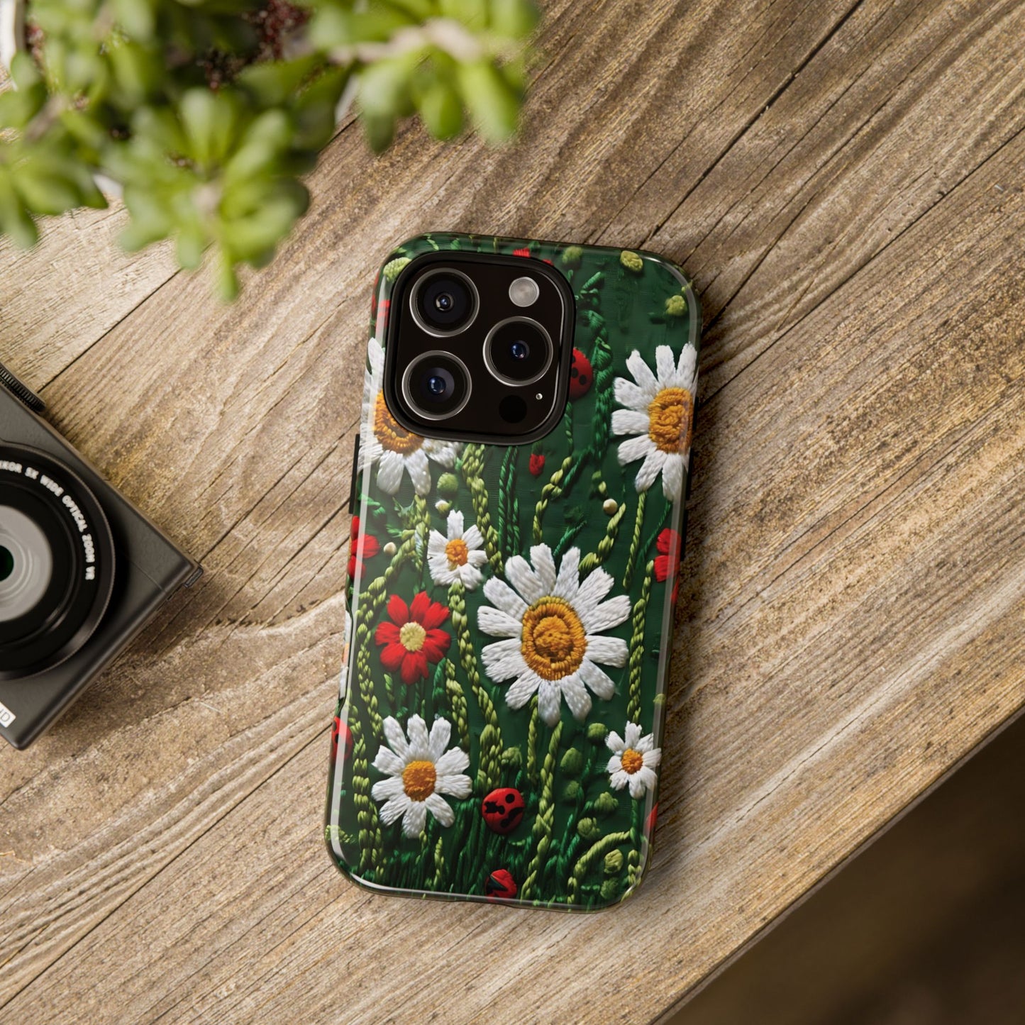 Intricate Embroidered Fabric Featuring Daisies And Ladybugs phone case design