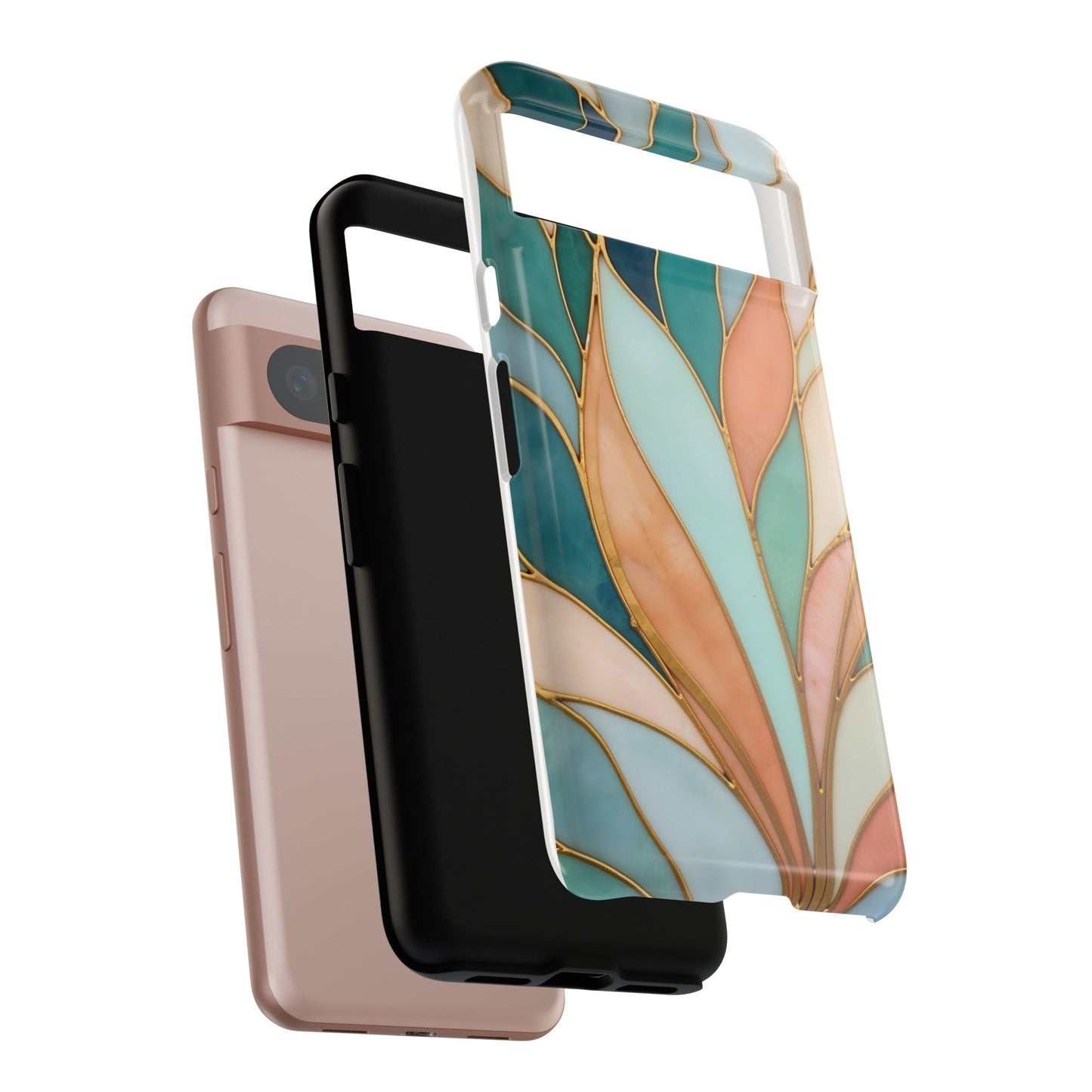 Geometric Leaves: Teal, Peach, and Gold Harmony