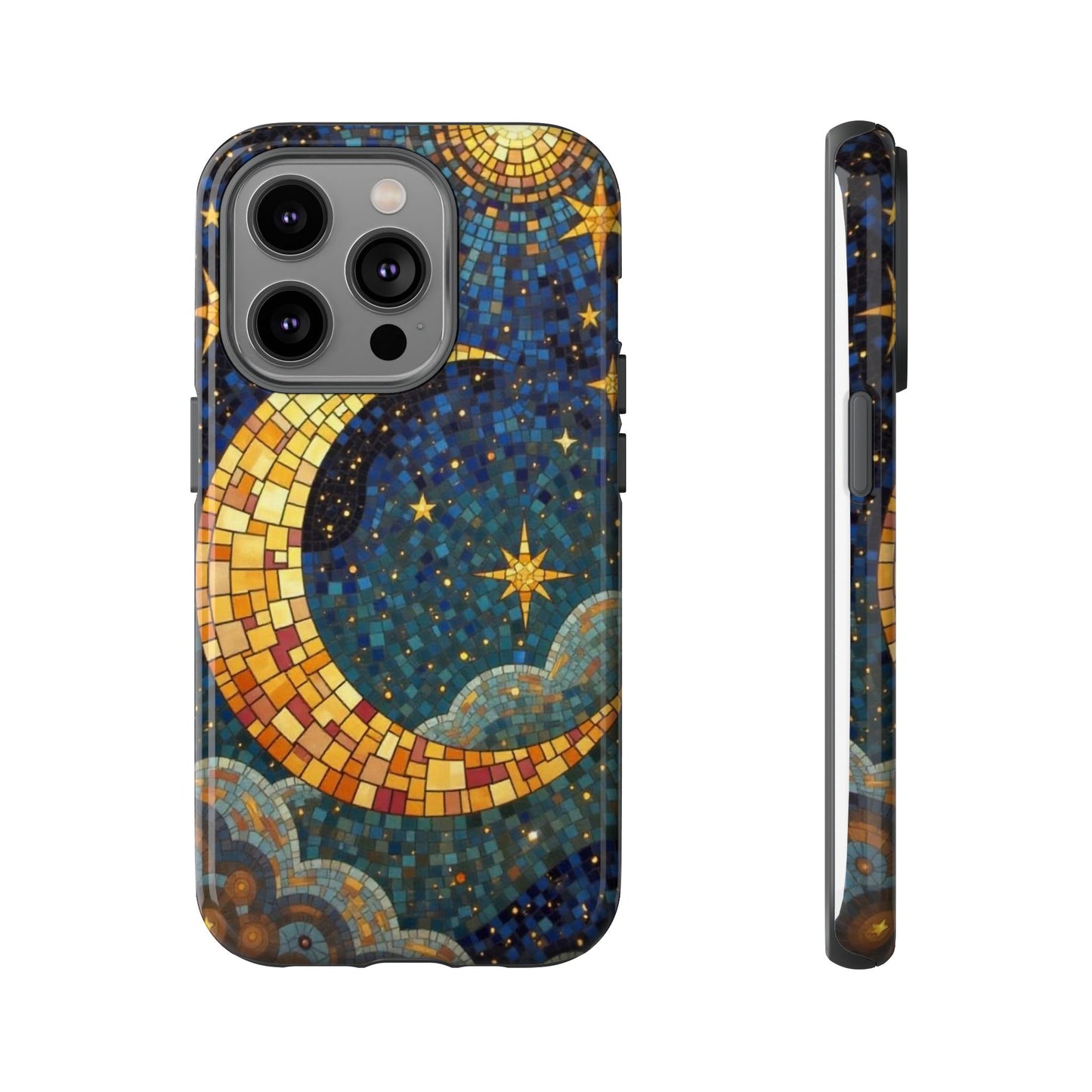 Golden Crescent: Mosaic Moon and Starry Night