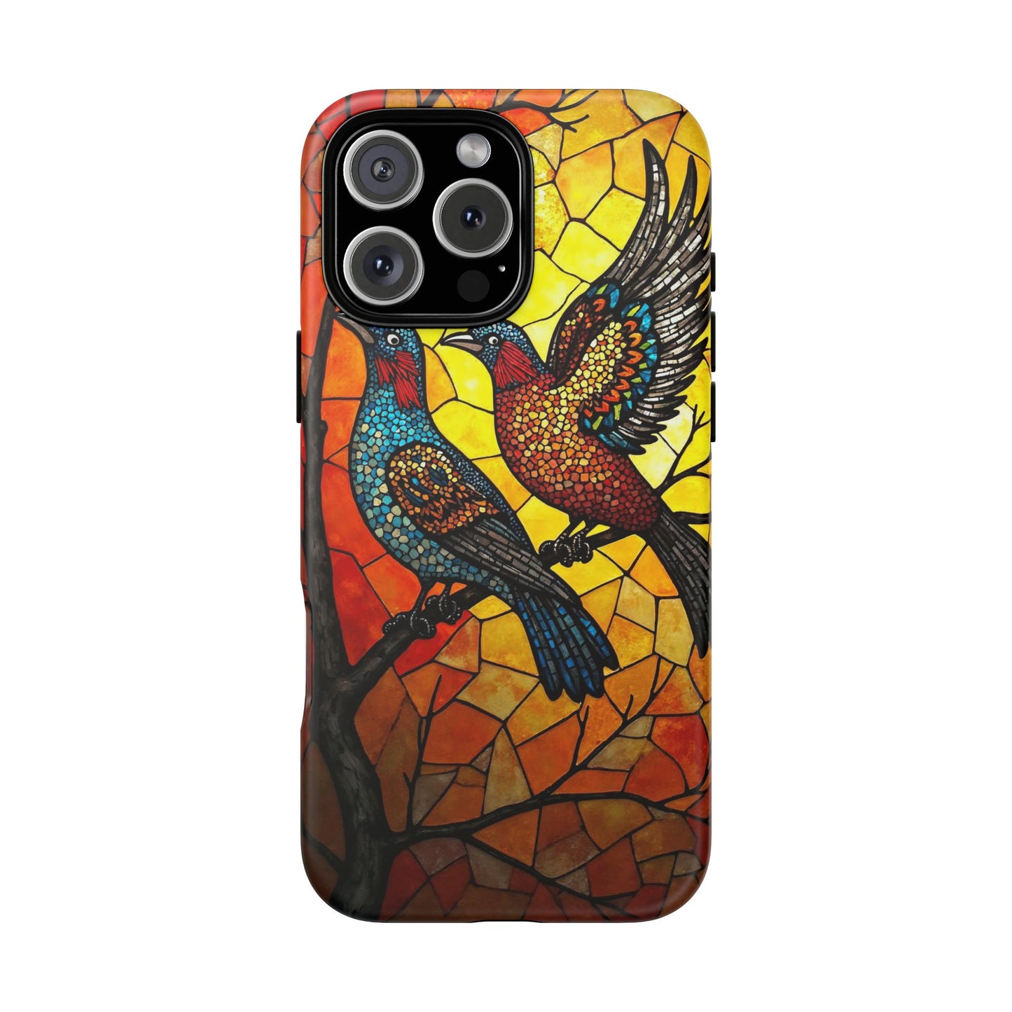 Vibrant Hummingbirds with Stained Glass Charm