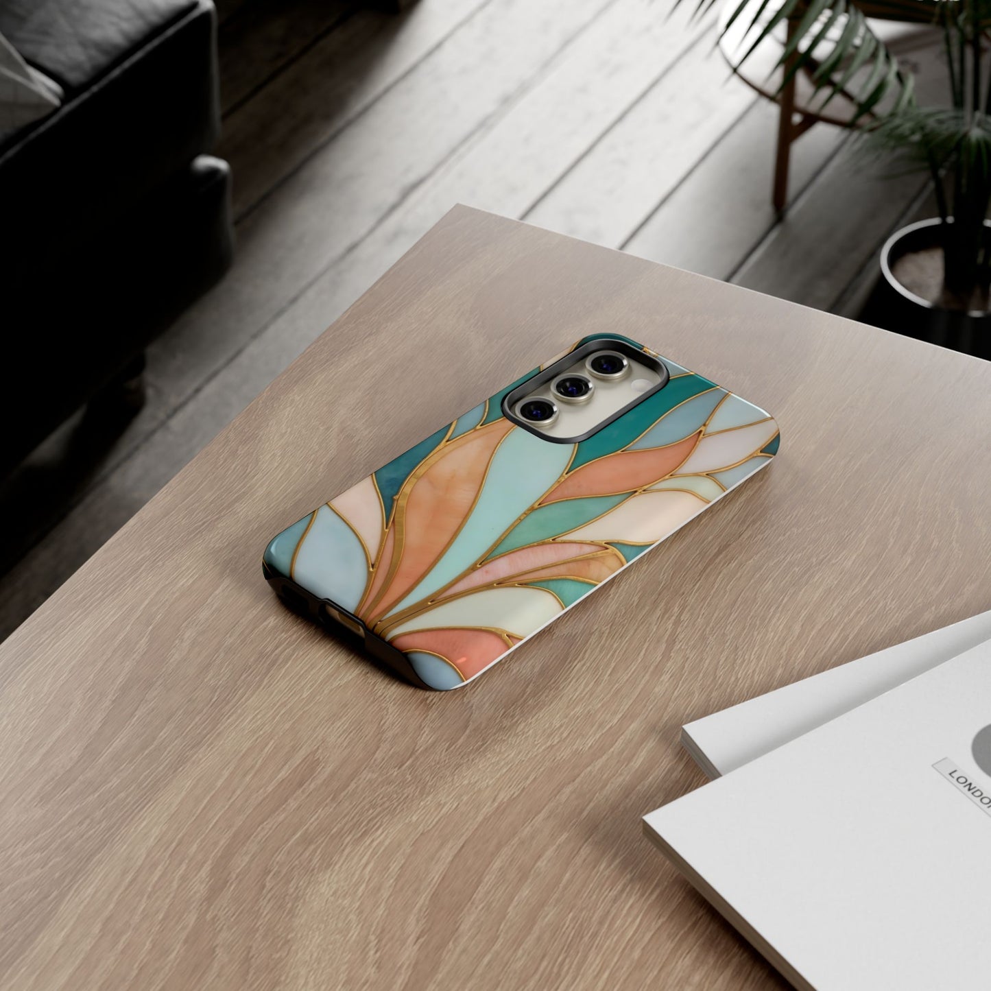 Geometric Leaves: Teal, Peach, and Gold Harmony