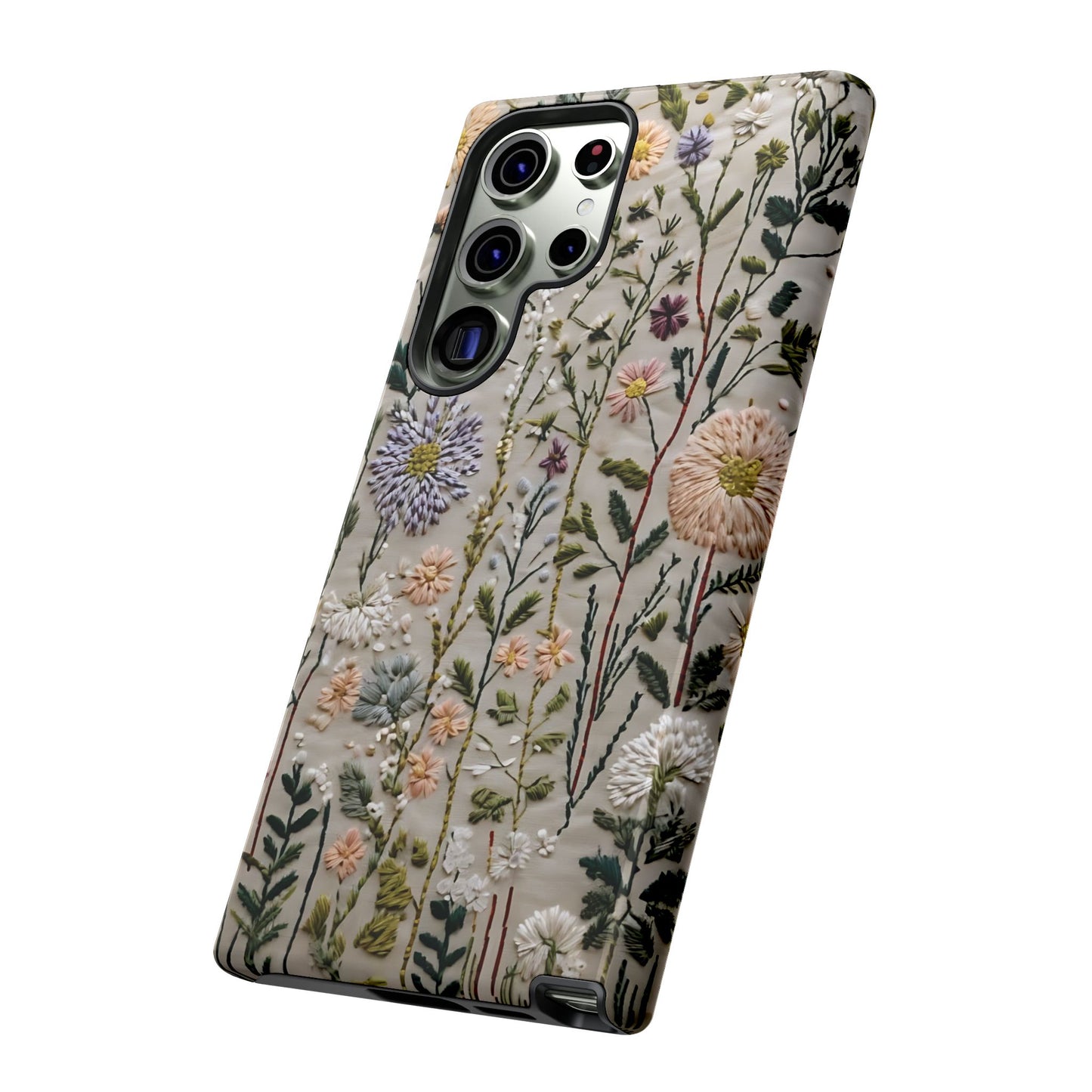 Intricate Embroidery Artwork Featuring Botanical Elements On Beige phone case design.
