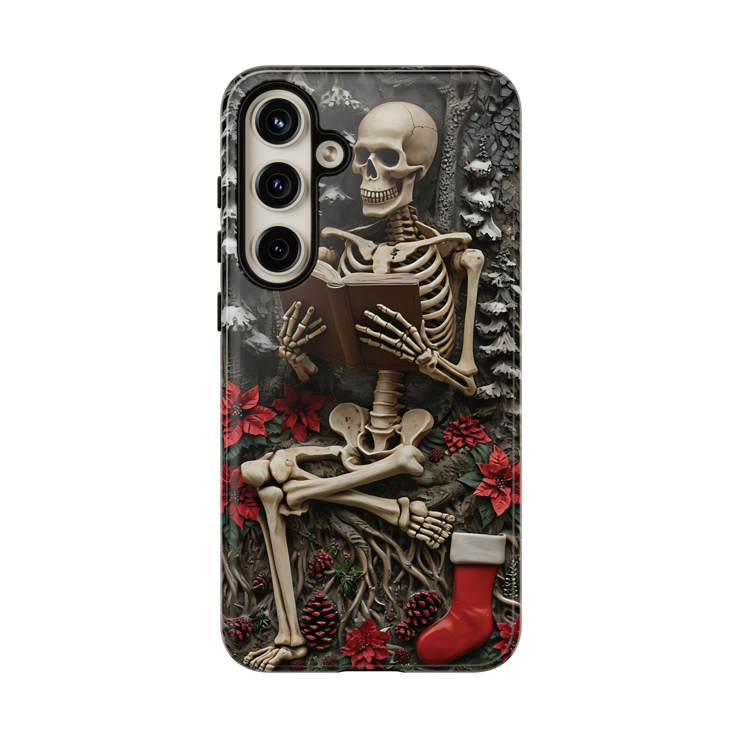 Surreal Relief Sculpture of Skeleton Reading Amidst Festive Decor phone case design