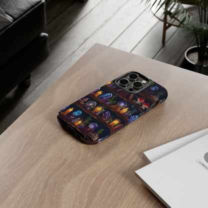 Fantasy Seamless Pattern Of Wooden Shelves Filled With Mystical Items phone case design.