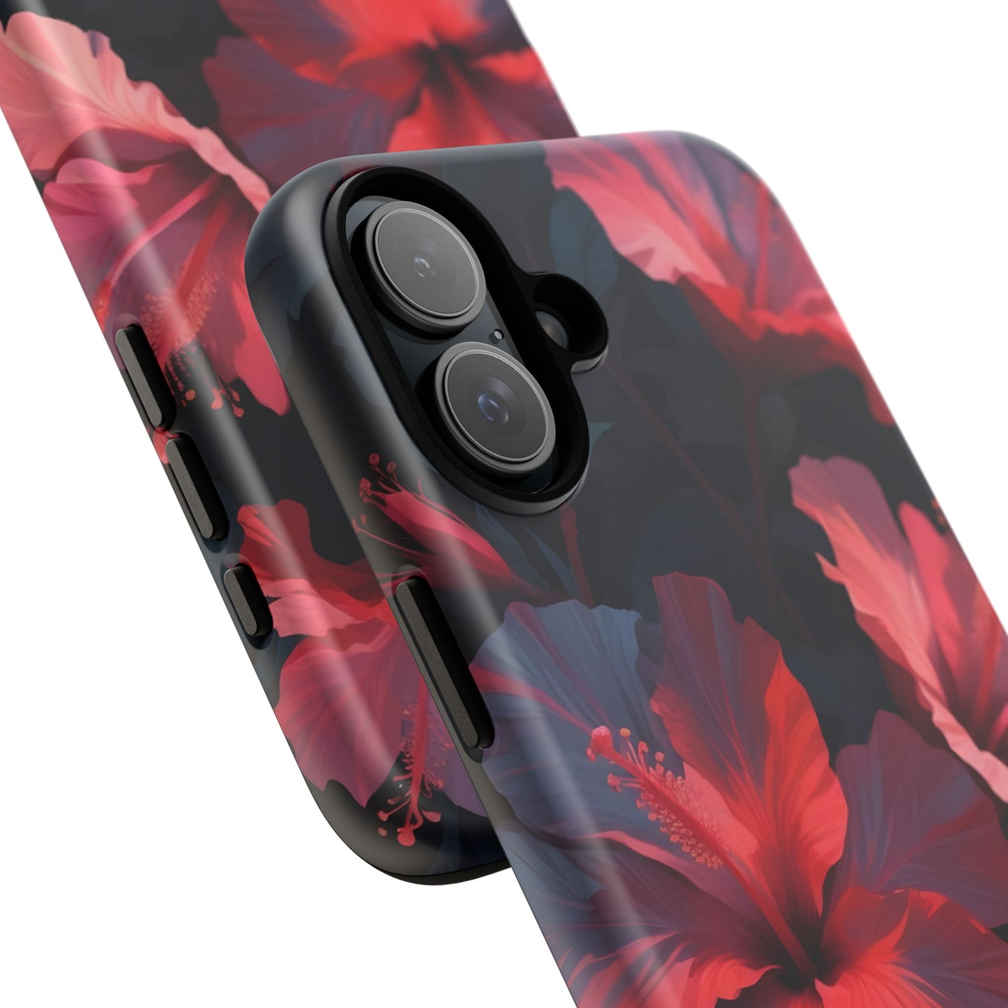 Vibrant red and pink hibiscus flowers blooming against a dark background| Floral phone case design