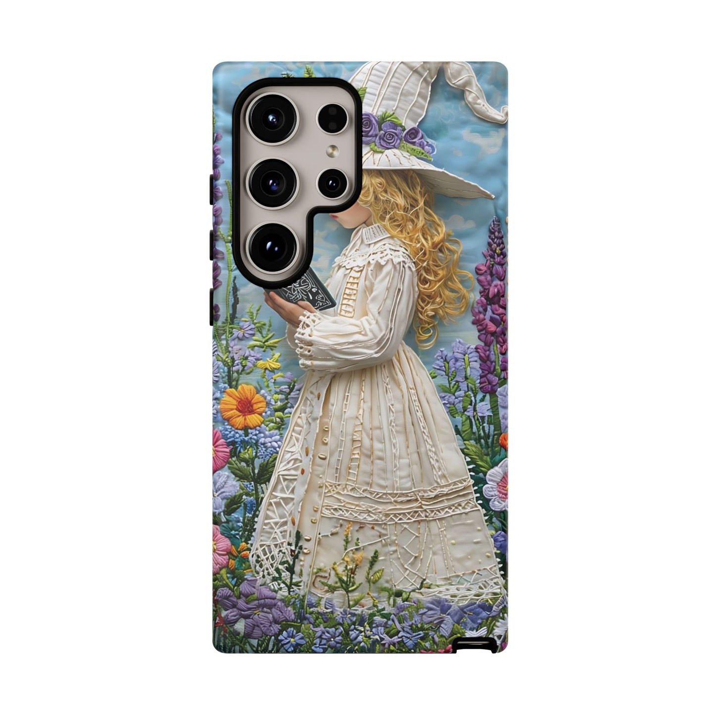 Whimsical Embroidery Of A Girl Reading In A Garden phone case design.