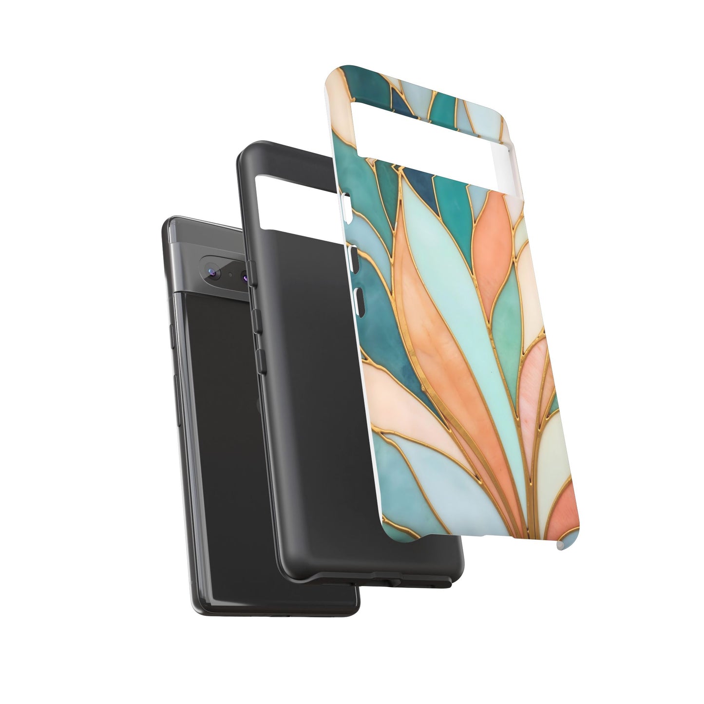Geometric Leaves: Teal, Peach, and Gold Harmony