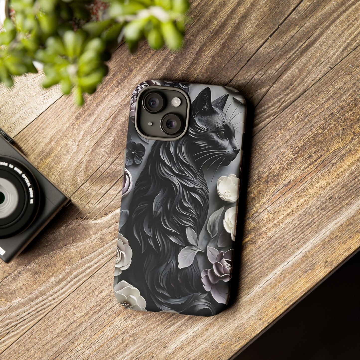 Intricate Bas-Relief Sculpture Of Black Cat Among Flowers phone case design
