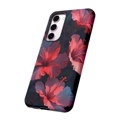 Vibrant red and pink hibiscus flowers blooming against a dark background| Floral phone case design