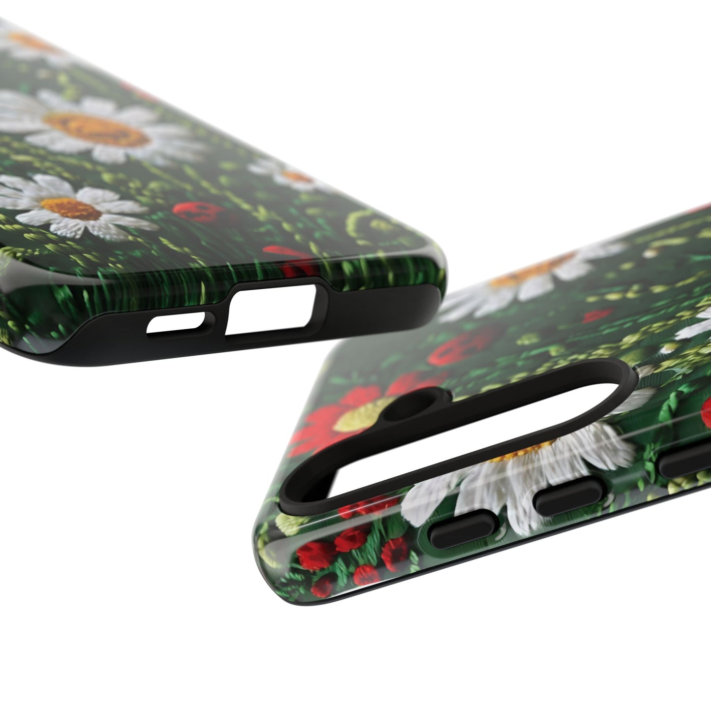 Intricate Embroidered Fabric Featuring Daisies And Ladybugs phone case design