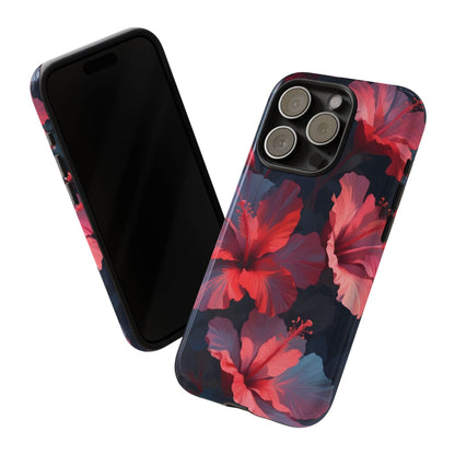 Vibrant red and pink hibiscus flowers blooming against a dark background| Floral phone case design