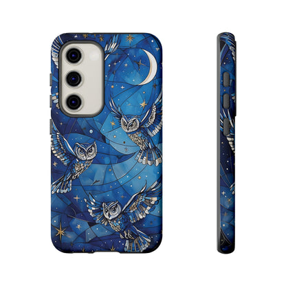 Surrealistic Owls Soaring Through A Celestial Night Sky phone case design.