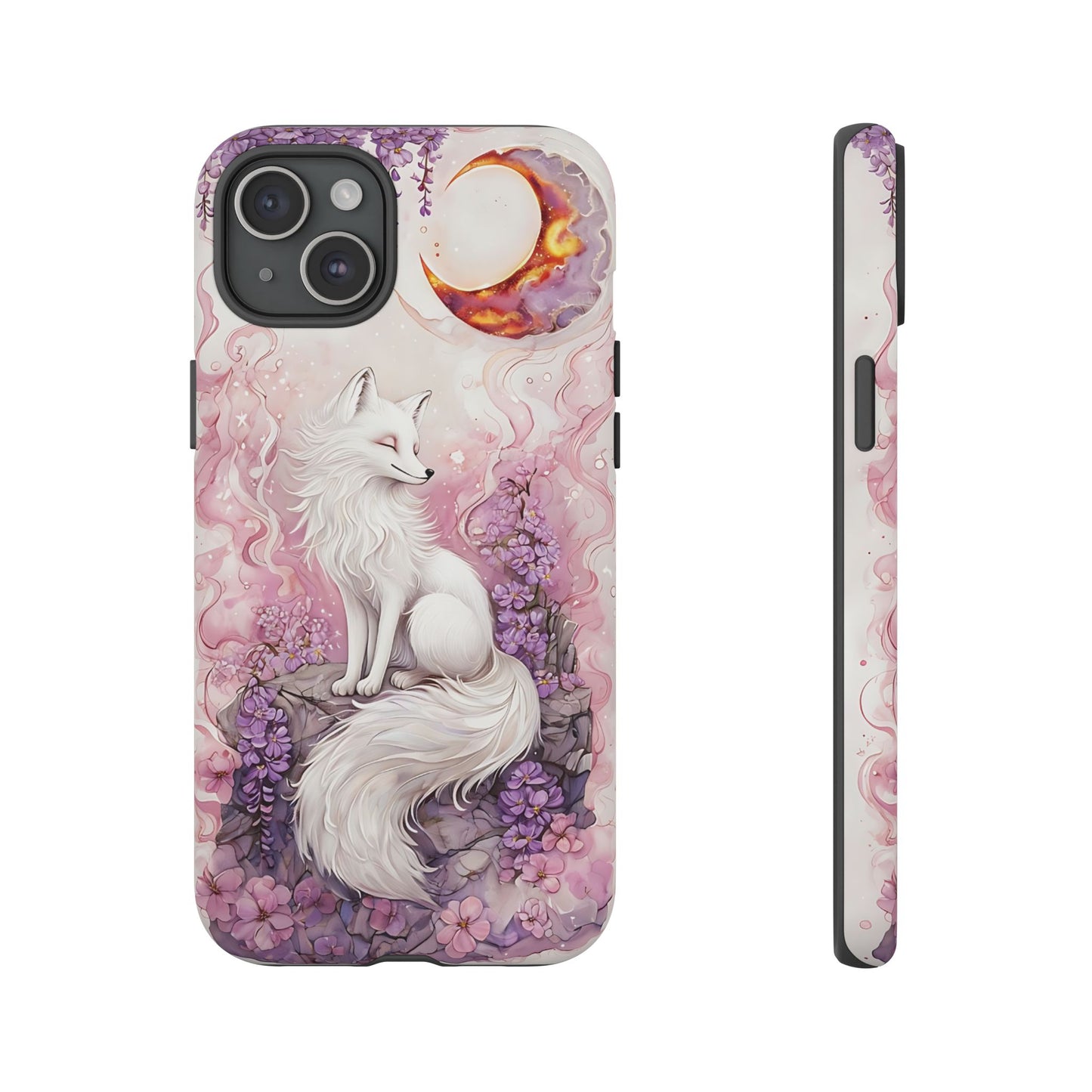 Whimsical White Fox Surrounded By Lavender And Pink Blooms phone case design.