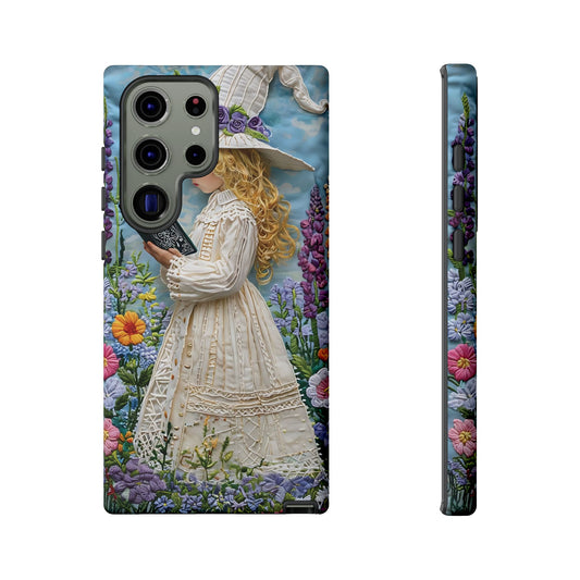 Whimsical Embroidery Of A Girl Reading In A Garden phone case design.