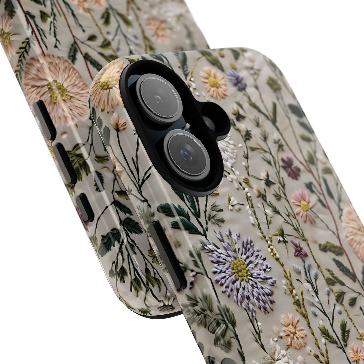 Intricate Embroidery Artwork Featuring Botanical Elements On Beige phone case design.