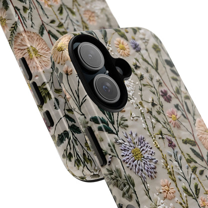 Intricate Embroidery Artwork Featuring Botanical Elements On Beige phone case design.