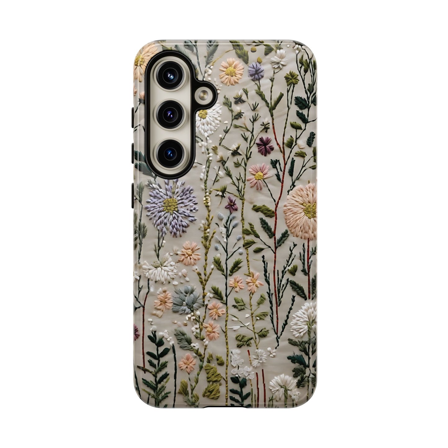 Intricate Embroidery Artwork Featuring Botanical Elements On Beige phone case design.