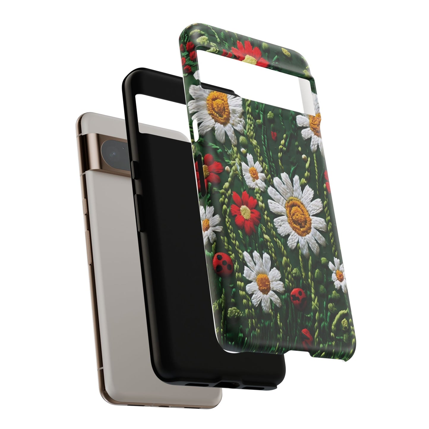 Intricate Embroidered Fabric Featuring Daisies And Ladybugs phone case design