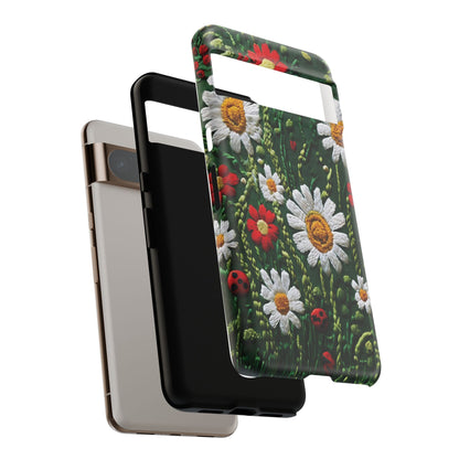 Intricate Embroidered Fabric Featuring Daisies And Ladybugs phone case design