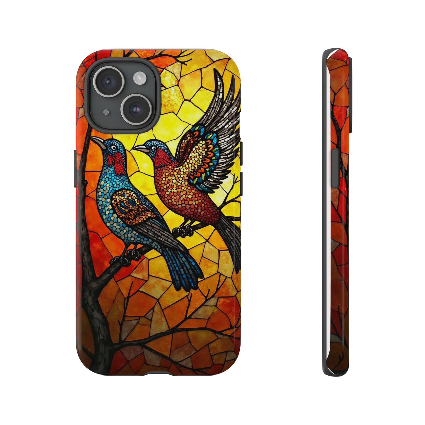 Vibrant Hummingbirds with Stained Glass Charm