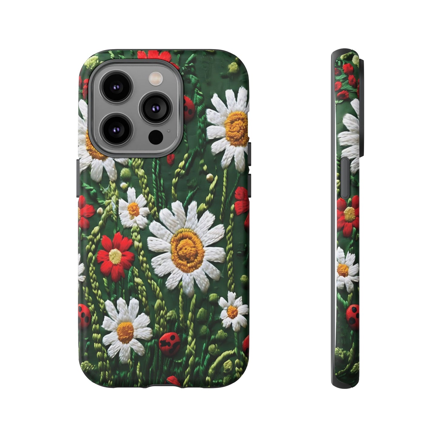 Intricate Embroidered Fabric Featuring Daisies And Ladybugs phone case design