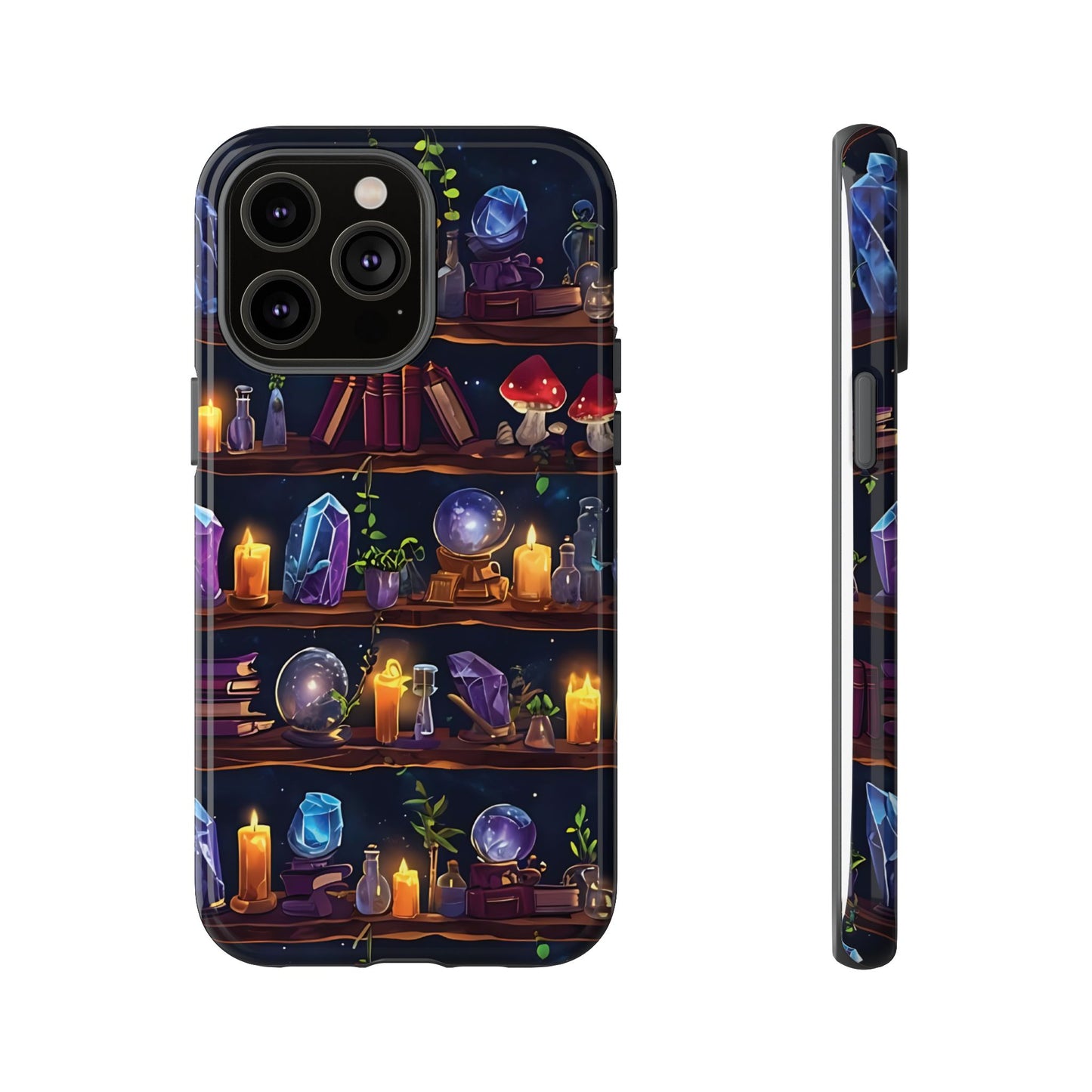 Fantasy Seamless Pattern Of Wooden Shelves Filled With Mystical Items phone case design.